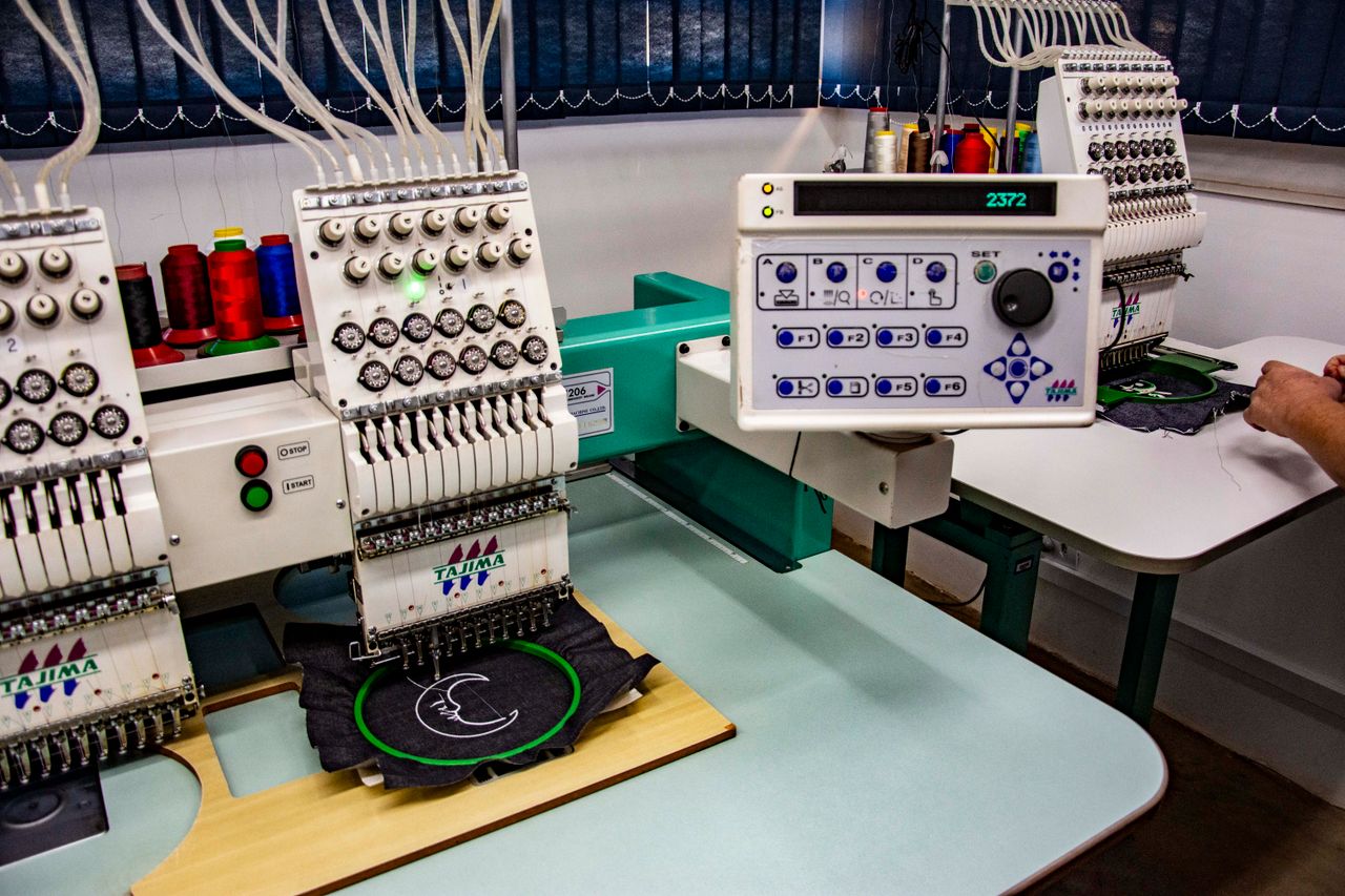 our-services-02 Detailed view of embroidery machines used in a textile workshop in Apucarana, Brazil.
