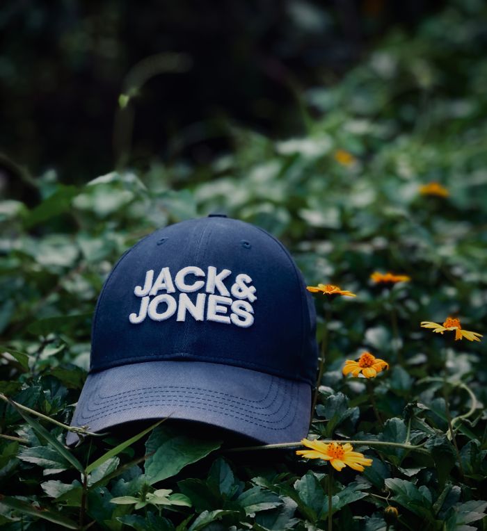 Blue baseball cap with logo nestled among lush green leaves and vivid yellow wildflowers.